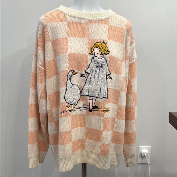 Peach Checkered Sweater with Girl and Goose Design - Picture 6 of 10
